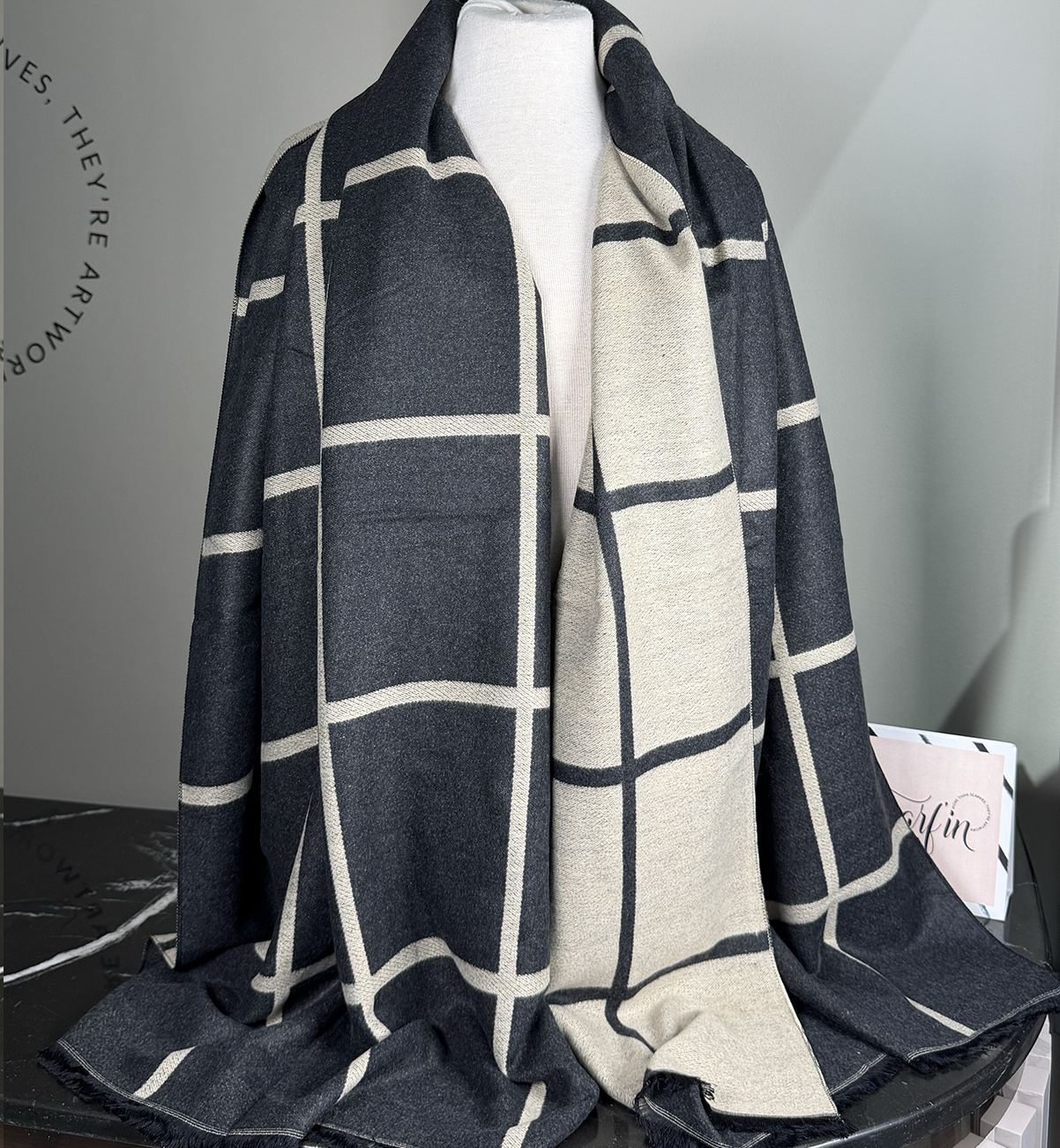 Echarpe double face - Gris foncé / beige