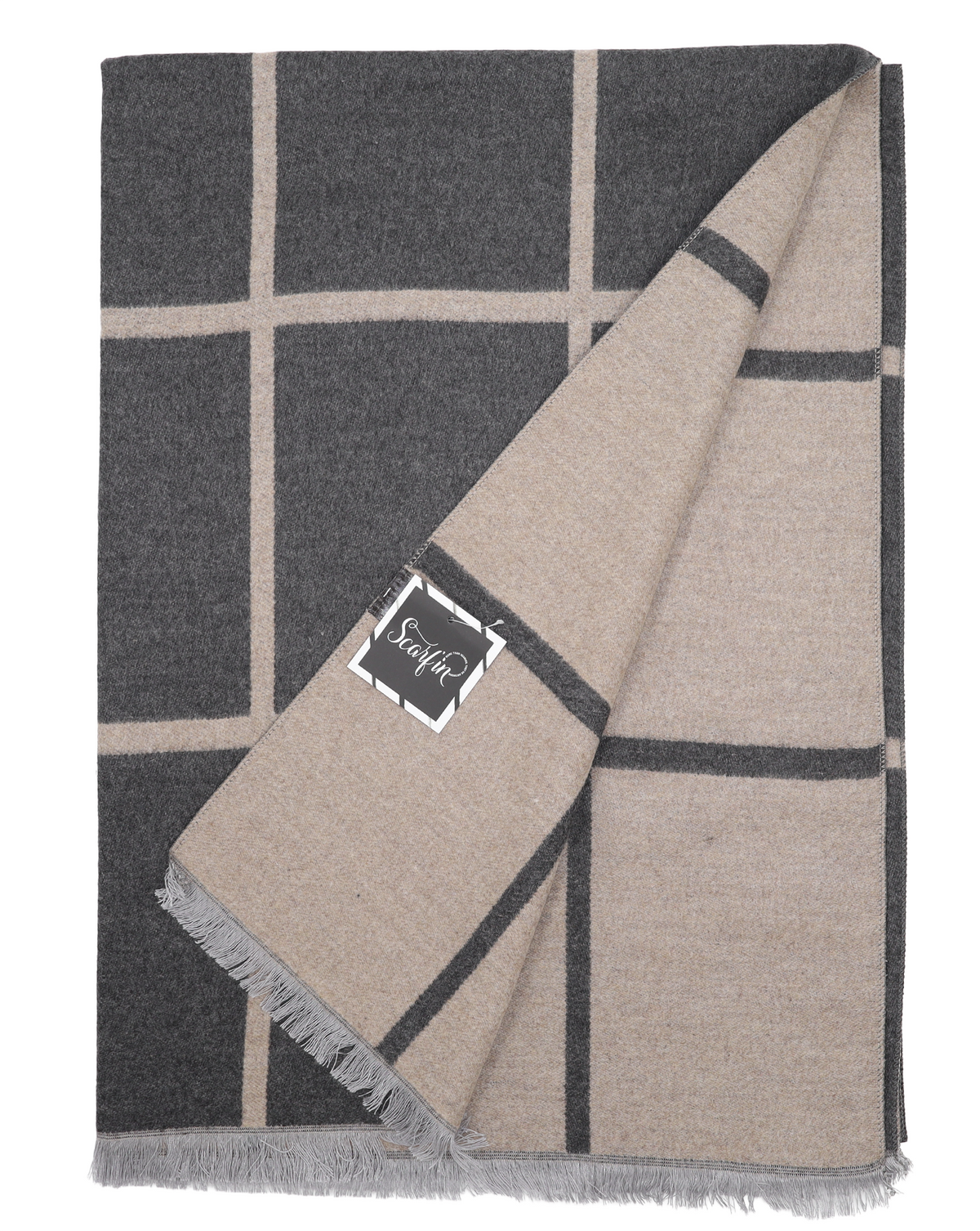 Écharpe en laine double face carreaux - Gris / beige