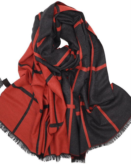 Écharpe en laine double face carreaux - Noir / rouge