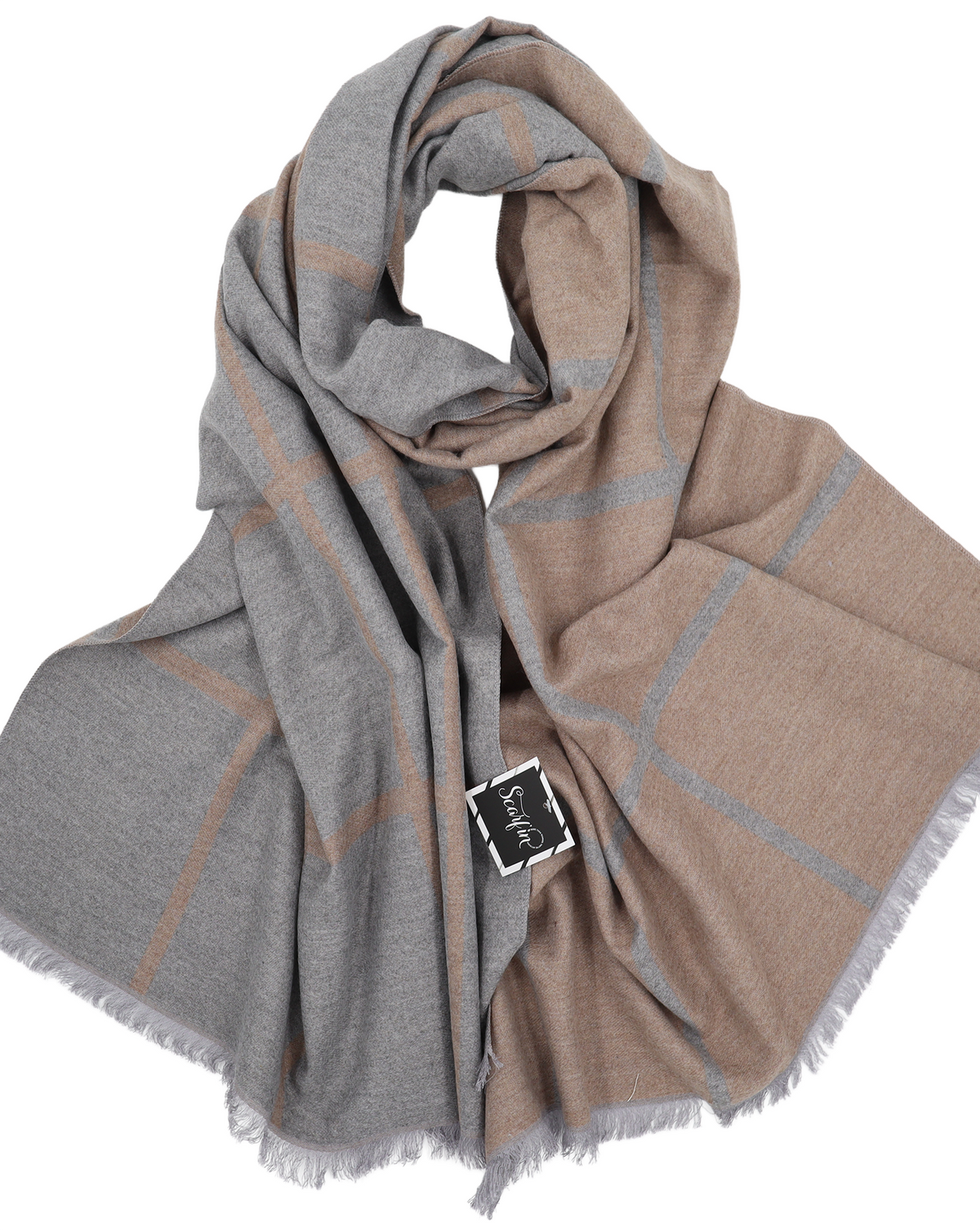 Écharpe en laine double face carreaux - Argent / beige