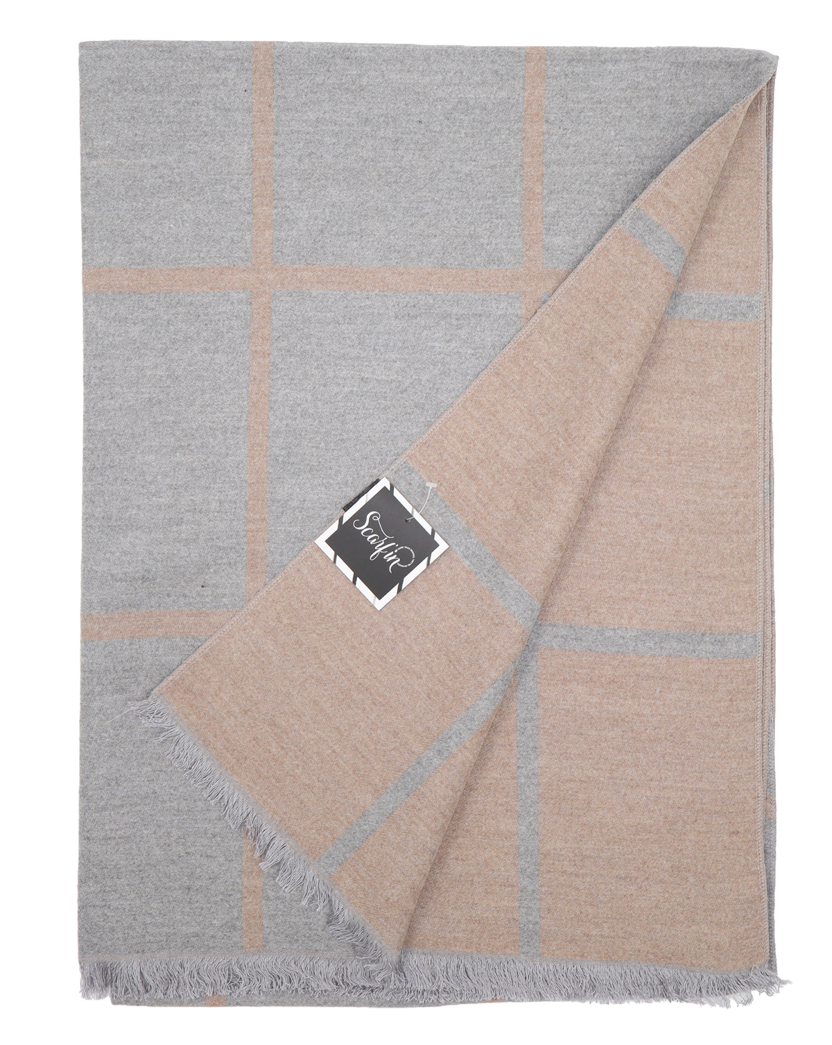 Écharpe en laine double face carreaux - Argent / beige