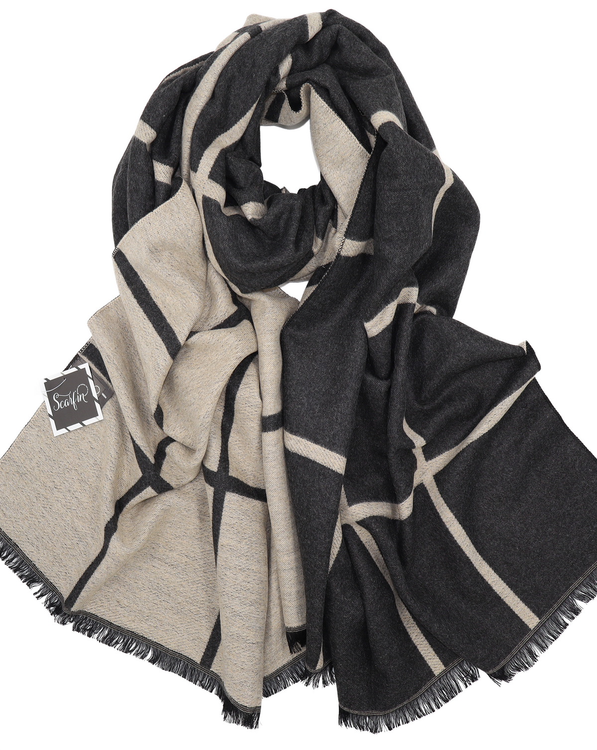 Écharpe en laine double face carreaux - Noir / beige