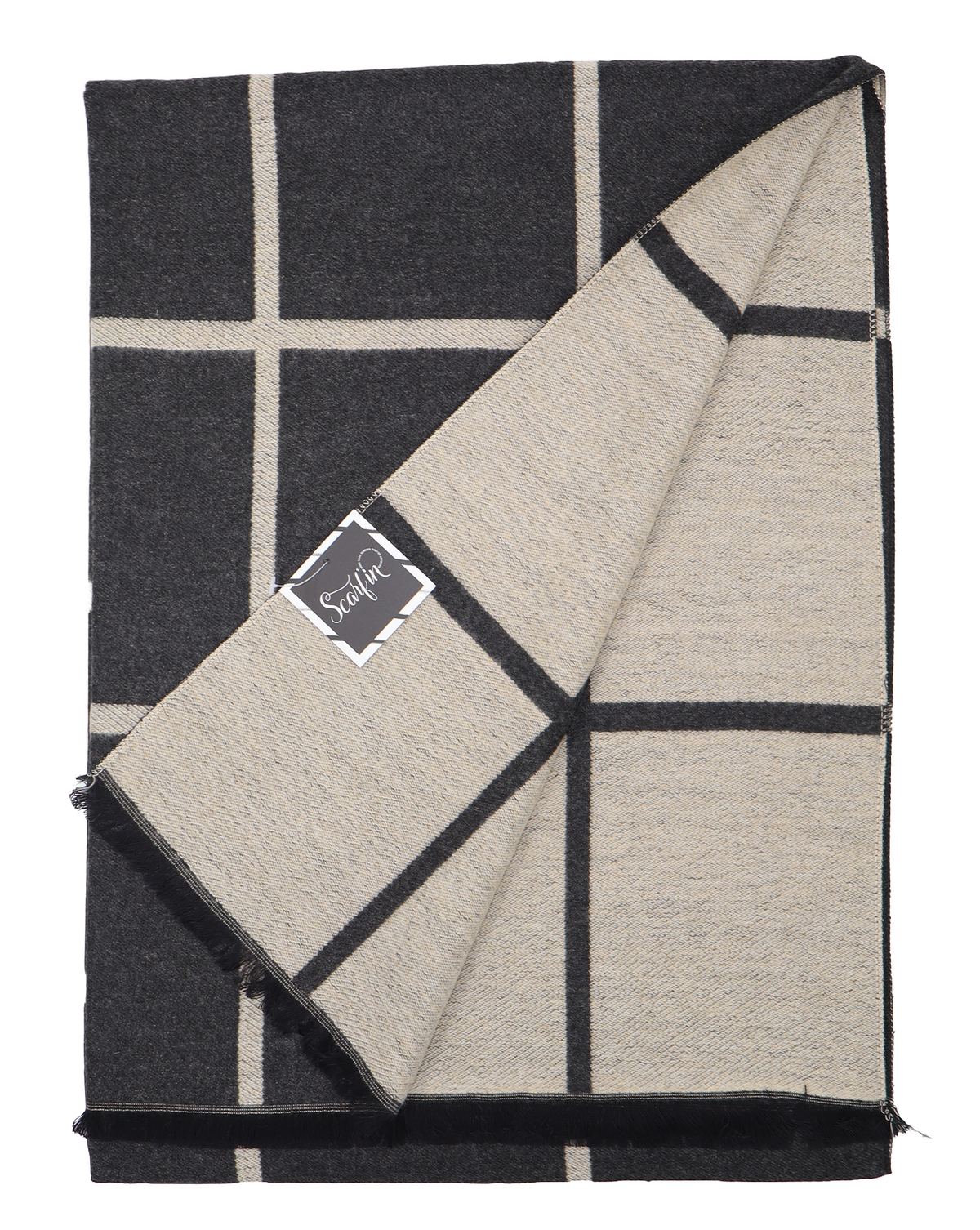Écharpe en laine double face carreaux - Noir / beige