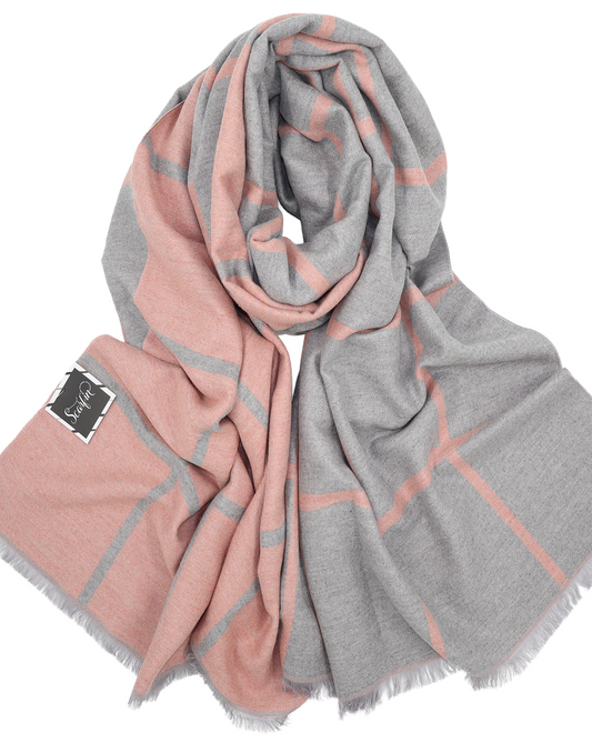 Écharpe en laine double face carreaux - Argent / rose