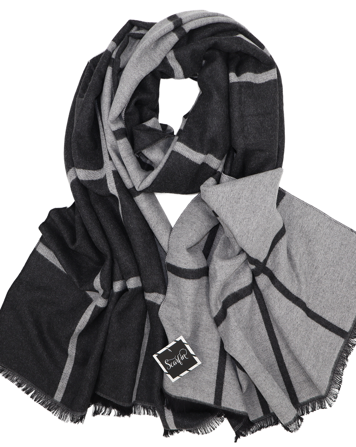 Écharpe en laine double face carreaux - Noir / gris