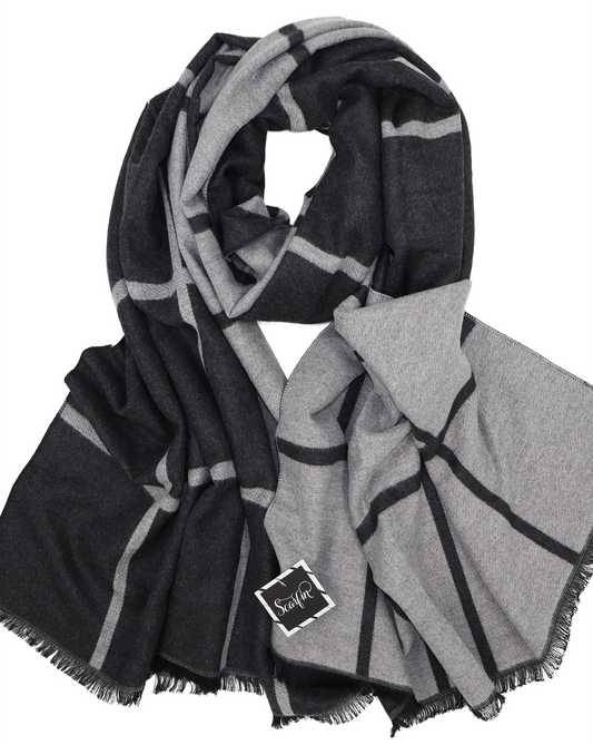 Écharpe en laine double face carreaux - Noir / gris