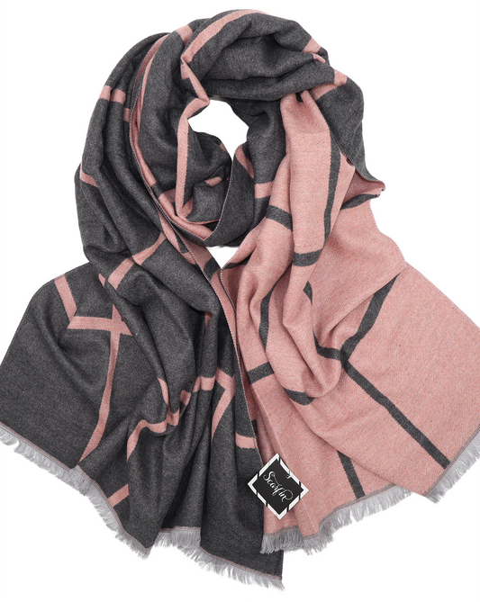 Écharpe en laine double face carreaux - Gris foncé / rose