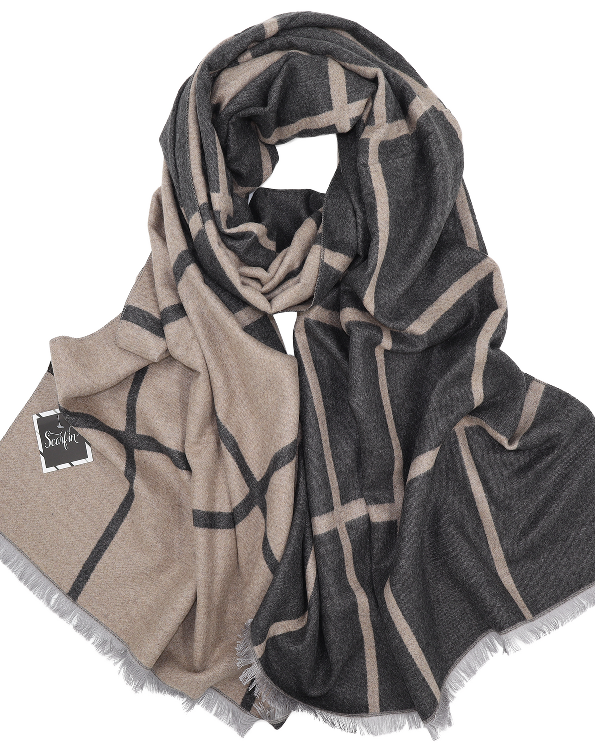 Écharpe en laine double face carreaux - Gris / beige