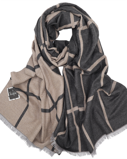 Écharpe en laine double face carreaux - Gris / beige