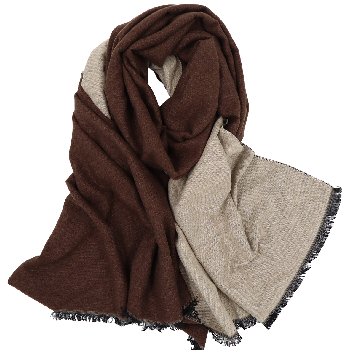 Écharpe en laine double face unie - Marron / Beige