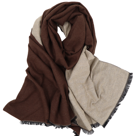Écharpe en laine double face unie - Marron / Beige